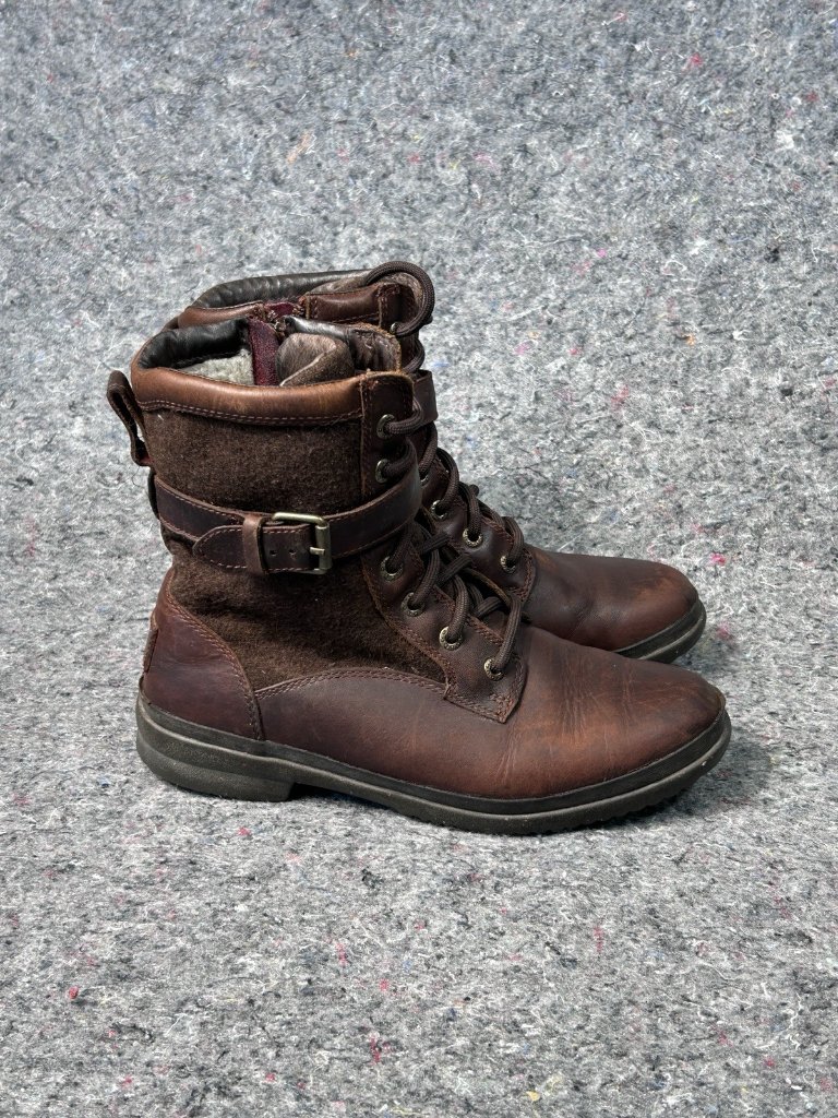 Ugg Brown Leather Shearling Lace Up Winter Boots Women’s 7 Zip Buckle Hiking